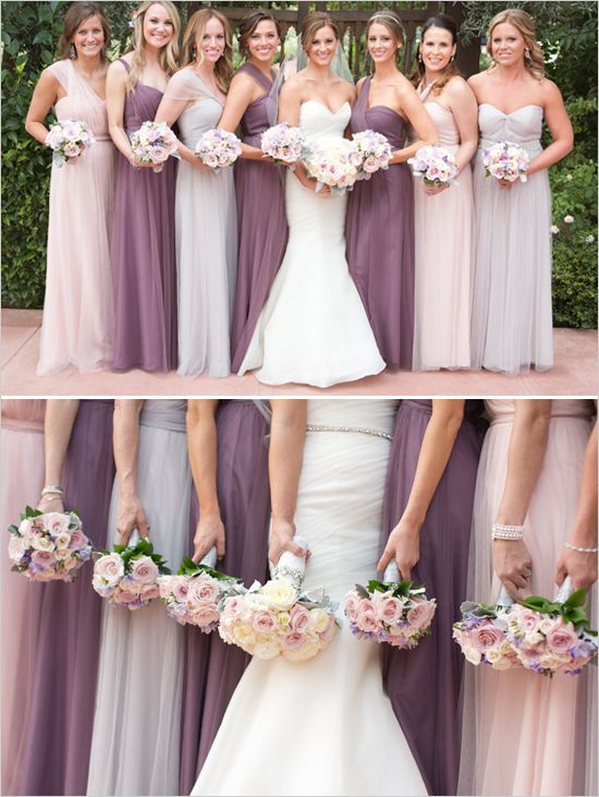 Elegant floor length bridesmaid dresses in purple and pink. @wedding chicks