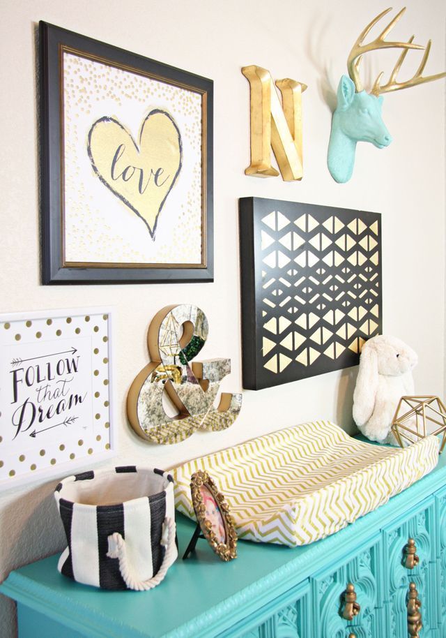 Gold Nursery Design – we LOVE the turquoise accents! Gold chevron nursery – that collage wall is amazing and all from #hobbylobby