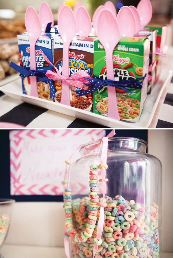 Great for a pajama party or even a Breakfast with Santa/Easter Bunny party!  Variety of individual cereal boxes for kids – tie the