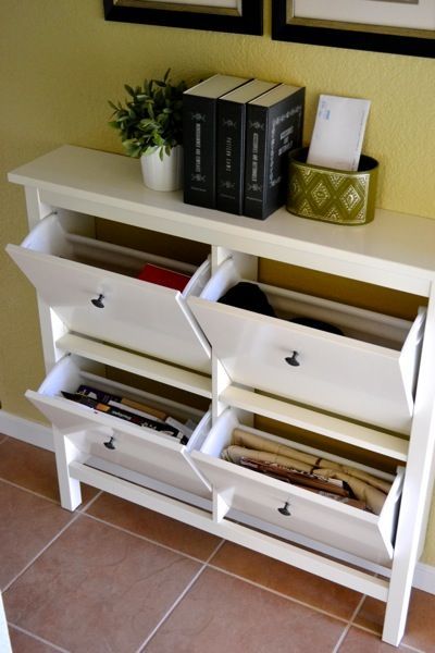 Hemnes shoe cabinet to store things other than shoes.  This could be a great catch all for random things.