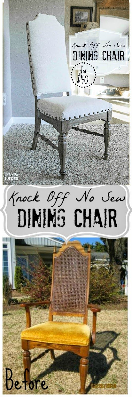 Knock Off No Sew Dining Chair Makeover | Bless’er House – Way easier than traditional upholstery and only cost $40 to do! Looks a