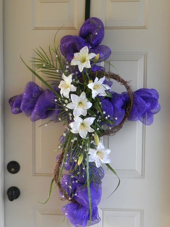 Mesh Ribbon, Some twigs into a wreath, a small palm and white lilies… could recreate this with a wire hanger for a form for the