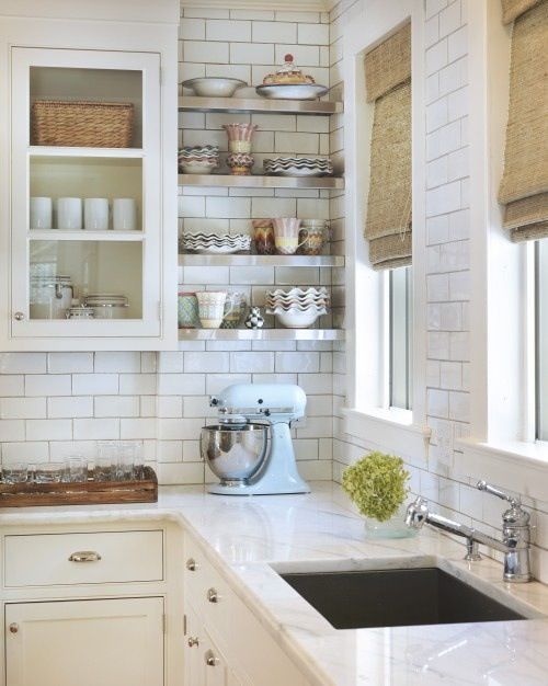 Modern vintage retro french country white kitchen with kitchenaid mixer & kitchenware marble benchtops