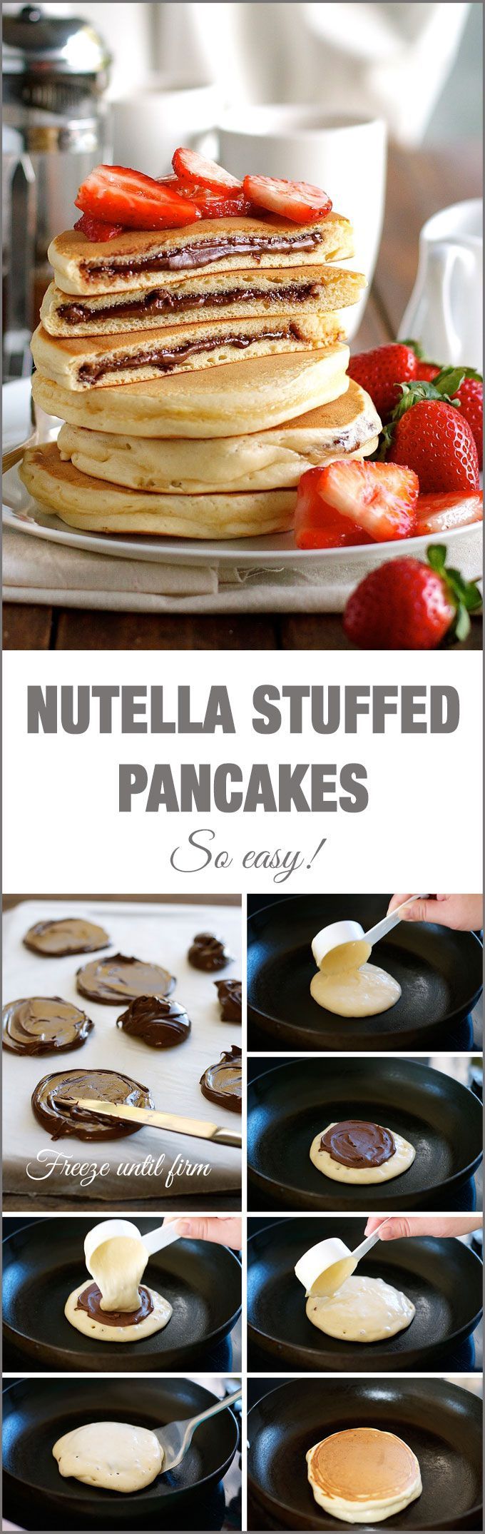 Nutella Stuffed Pancakes – frozen Nutella discs makes it a breeze to make the Nutella stuffed pancakes!