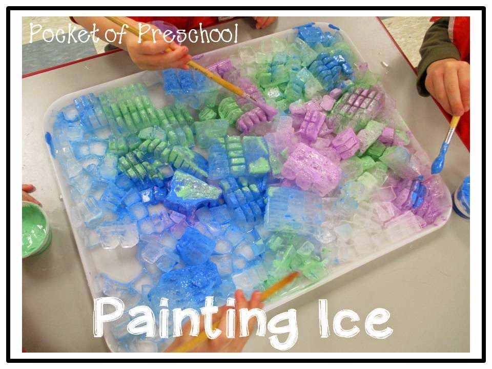 Painting Ice! A fun preschool experiment to explore ice. All you need is paint, ice, and brushes. Pocket of Preschool