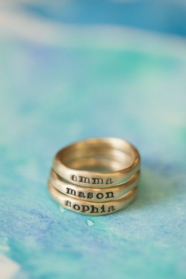 Personalized Stacking Rings by Lisa Leonard! Custom made & full of meaning. Hand-molded and cast in 10k gold, these rings have a
