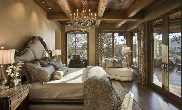 Rustic, elegant master bedroom in a mountain home.