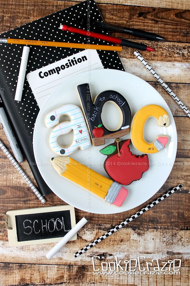 School Cookies~                          By cookie Crazie, yellow pencil, alphabet, red apple, white notebook paper, black