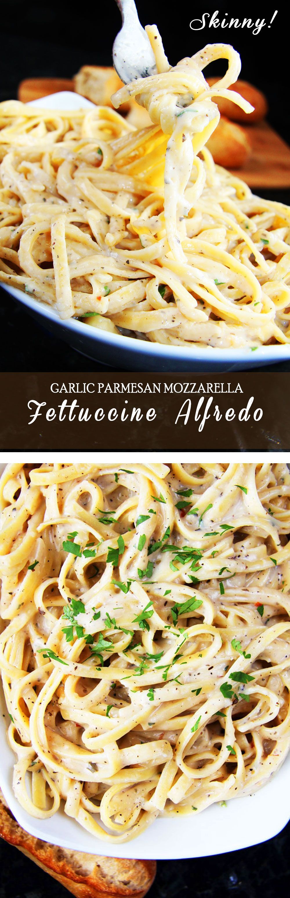 SKINNY Garlic Parmesan Mozzarella Alfredo. Rich and creamy without any butter, heavy cream or cream cheese!!! The pairing of both