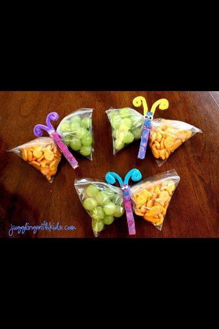 Snack bag with a clothespin in the middle to make it look like a butterfly. Healthy kid snacks