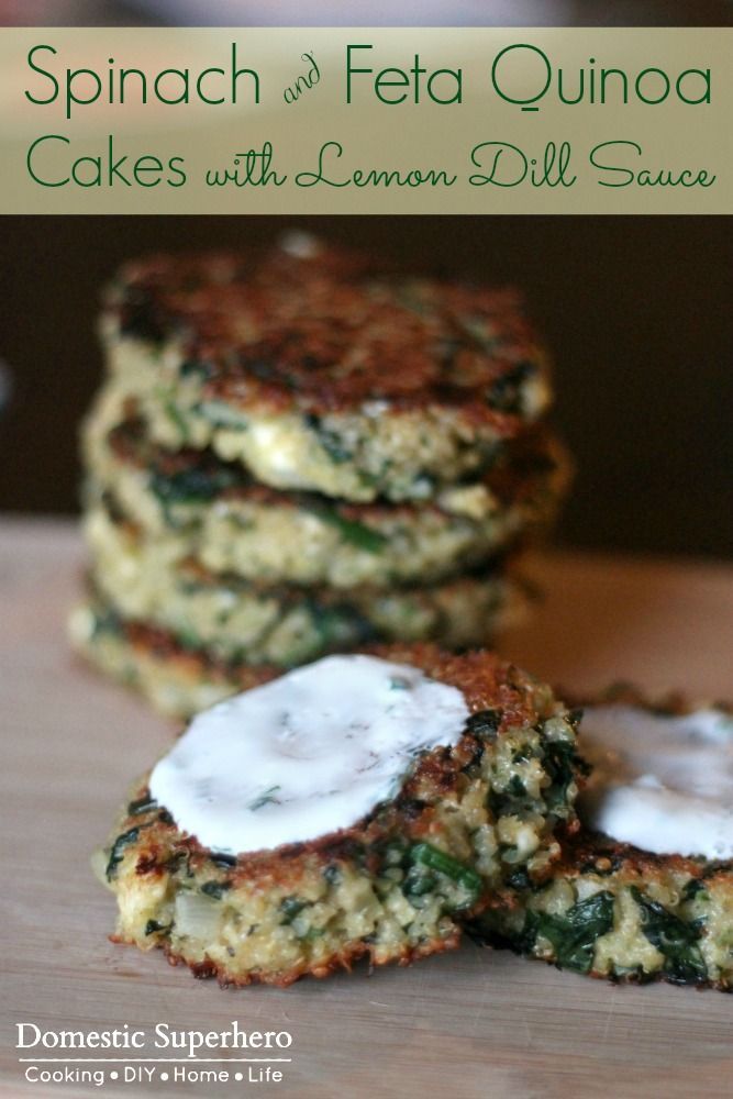 Spinach and Feta Quinoa Cakes with Lemon Dill Sauce – healthy, easy, and delicious! Perfect for vegetarians or meatless Monday!
