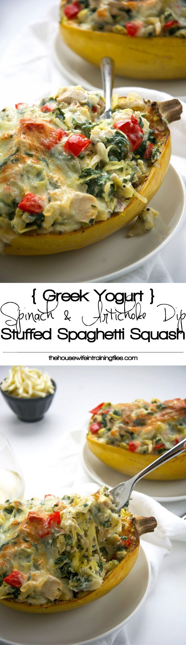Stuffed spaghetti squash filled with a lightened up version of a favorite dip – spinach and artichoke! So healthy.