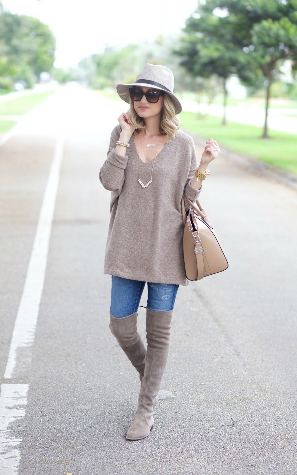 Oversized sweaters and over the knee boots Outfit.
