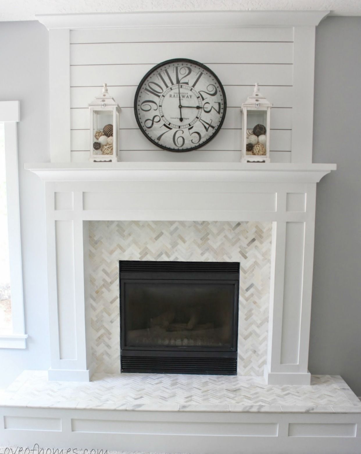 White Fireplace Makeover I want to do something similar to this on wall above fireplace, bring it up to ceiling