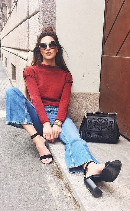 A Colorful Turtleneck, Flared Jeans, and Chunky Heels