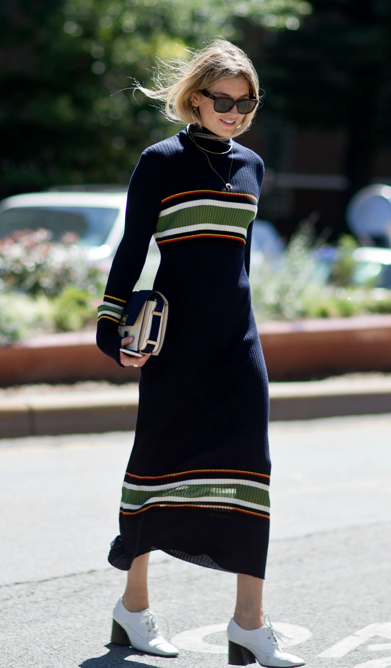 All the New York Fashion Week Street Style You Have to See – Midi length striped sweater dress | StyleCaster