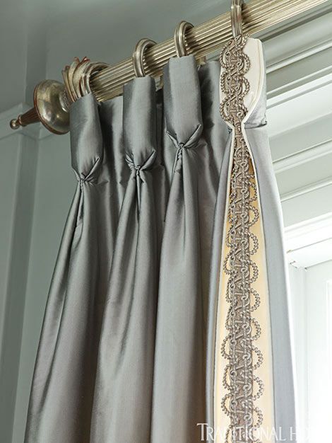 Beautiful trim placed to run through leading edge pleat I 2013 Lake Forest Showhouse (Scalamandre’ gray drapery/ Harlequin