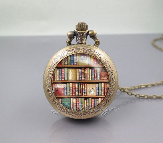 Bookshelf Pocket Watch Locket NecklaceBook library by simdesign, $10.99
