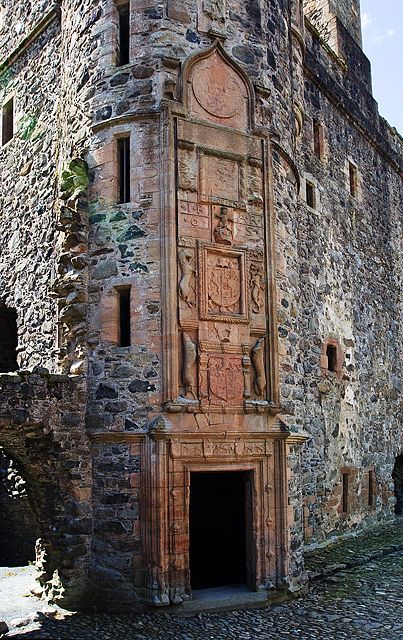 Carved heraldic on Huntly Castle, Aberdeenshire, Scotland, constructed late 15th century, on burned earlier ruins, with wings