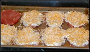 Cheesy Pork Chops  •boneless pork chops   •10 tsp sour cream  •seasoning salt  •2 cups shredded cheese    line the pan