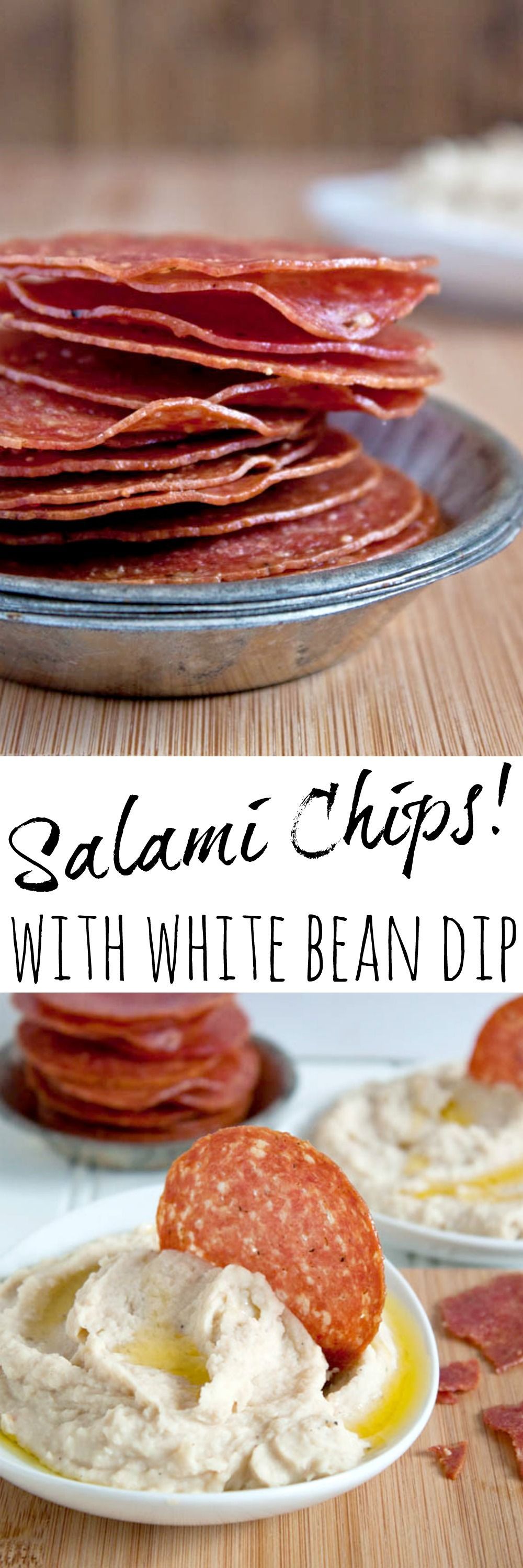 Crispy salami chips (one-ingredient!) with white bean dip. Super bowl appetizer extreme!