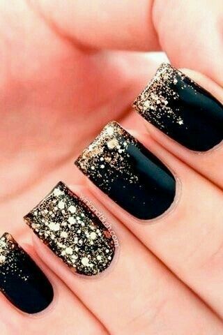 Cute black and gold sparkly gel nail designs!
