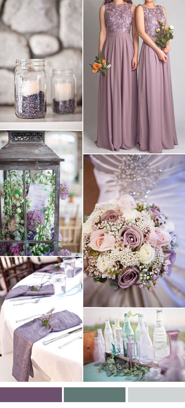 dark lavender and green wedding color ideas with lace bridesmaid dresses