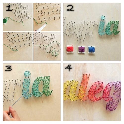 DIY art using nails and string- Trace your design onto where you are going to put your nails so it doesn’t look crooked)