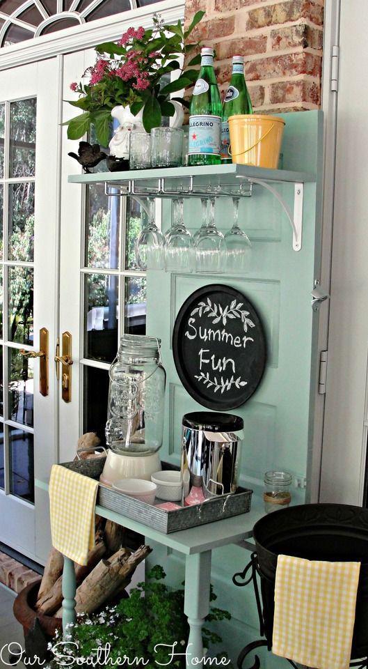 DIY Beverage Station Via Our Southern Home made with thrift store door