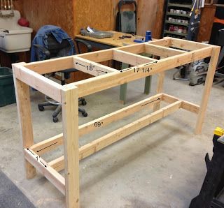 DIY Workbench. I like the bottom shelf only being half-depth, so you can stand close to the worktop.