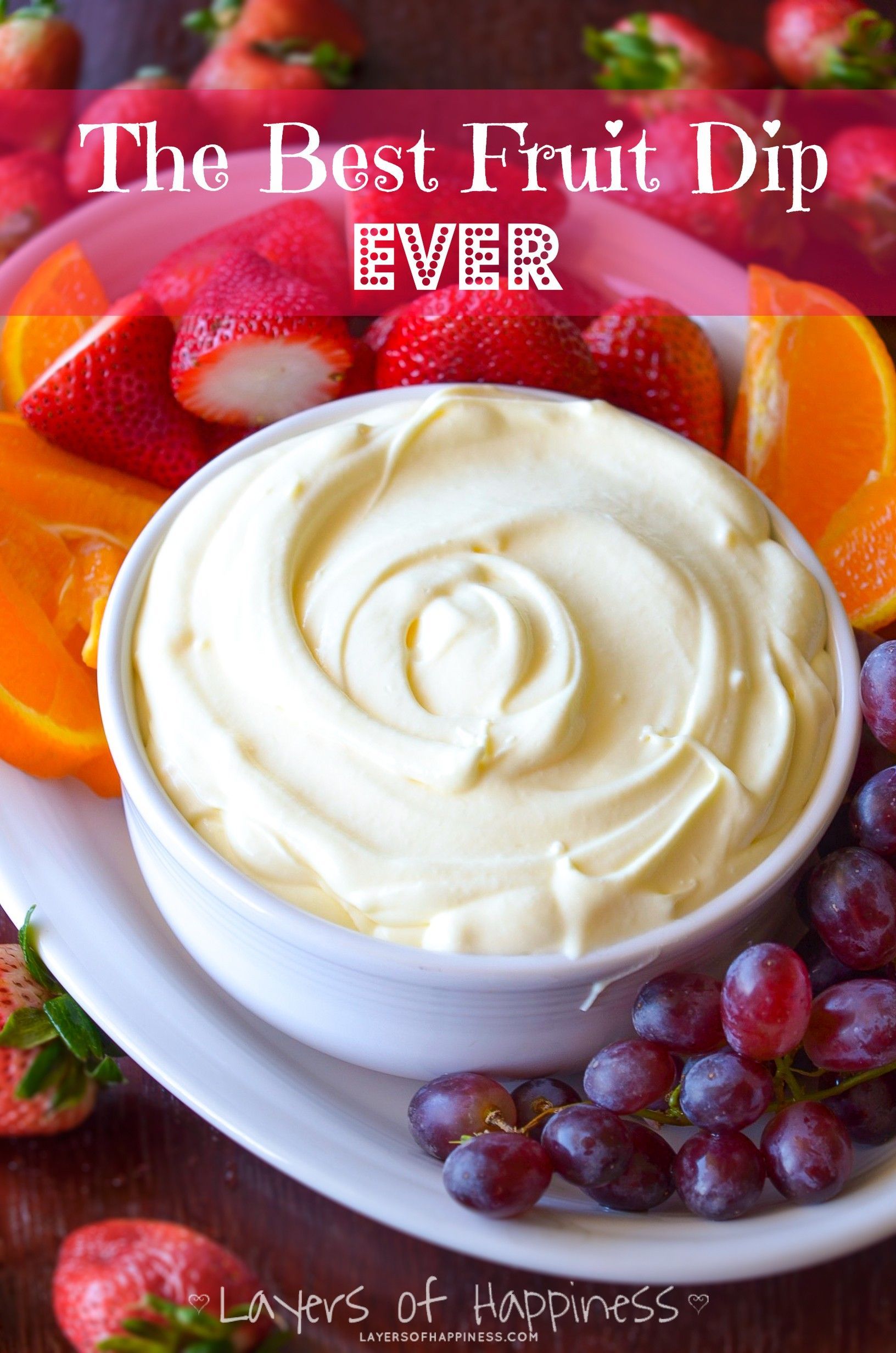 Fruit Dip with only 3 ingredients! Low fat vanilla yogurt, vanilla pudding mix, and lite cool whip. Yumm!