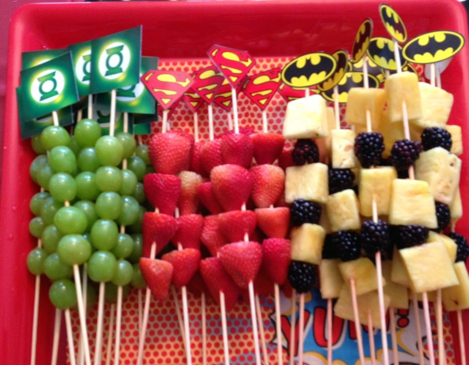 fruit kabobs–I ran out of time to put the fruit on the sticks, but having them in rows looked just as nice