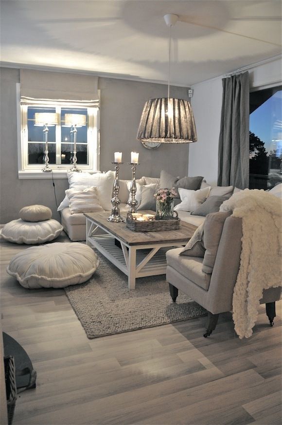 Grey, cream & silver decor creates such a comfy looking room, love it!