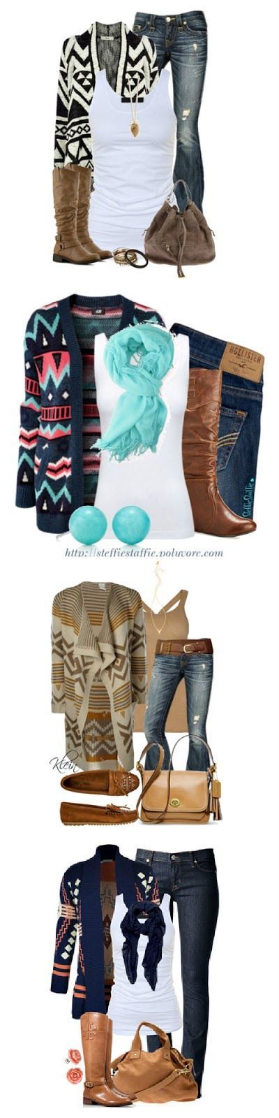 I would love a cardigan like one of these with all the color.. Not a fan of the black/white one but I like the others :).