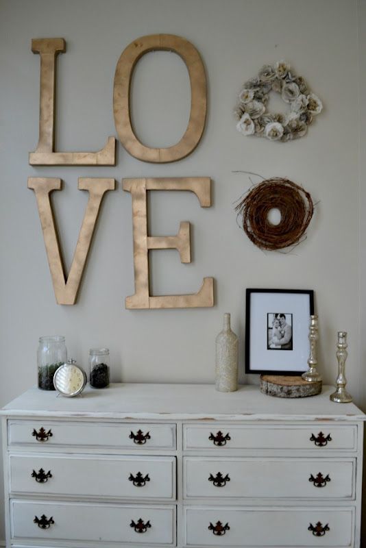 “Love” this for Valentine’s Day! Lg letters at JoAnns. Finish w metallic paint and stain.