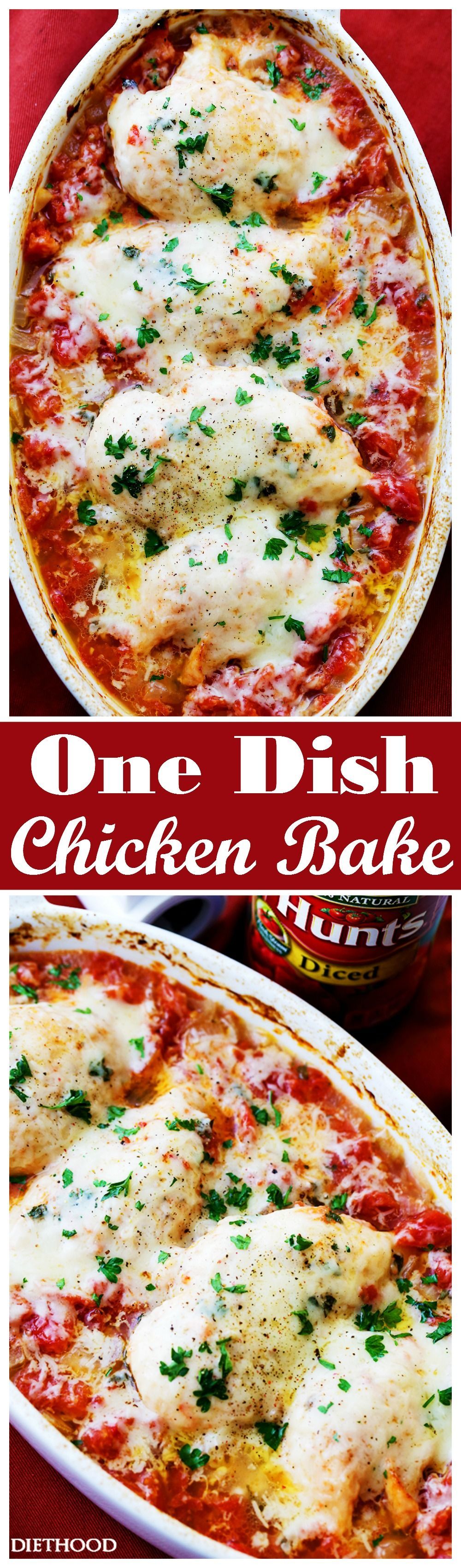 One Dish Chicken Bake – Flavorful chicken baked on a bed of tomatoes and covered in cheese makes for a one-dish dinner the whole