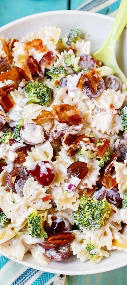 Pasta Salad with grapes, broccoli, bacon, and pecans. The perfect blend of sweet and salty!