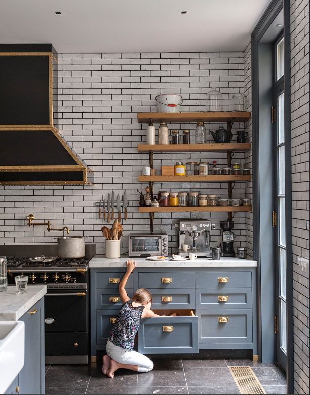 powder blue, black + gold, tiling + shelving