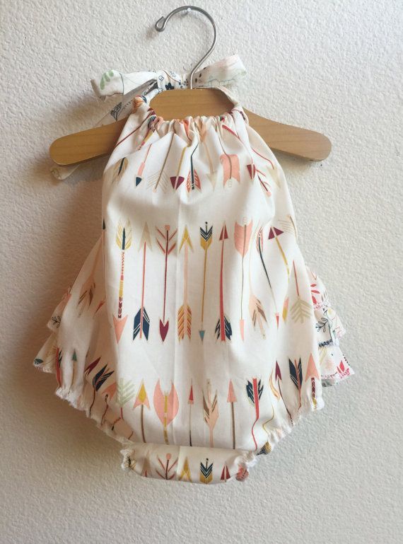 Ready to ship in 1-3 days!  Little Arrows Ruffled Baby Girl Romper  The romper is halter style, with extra long straps to make a