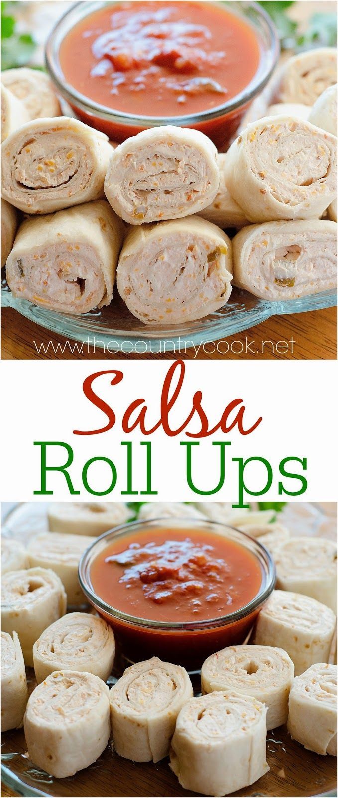 Salsa Roll Ups from The Country Cook. Tortillas filled with a creamy cheese and salsa mixture, rolled up and then sliced. These