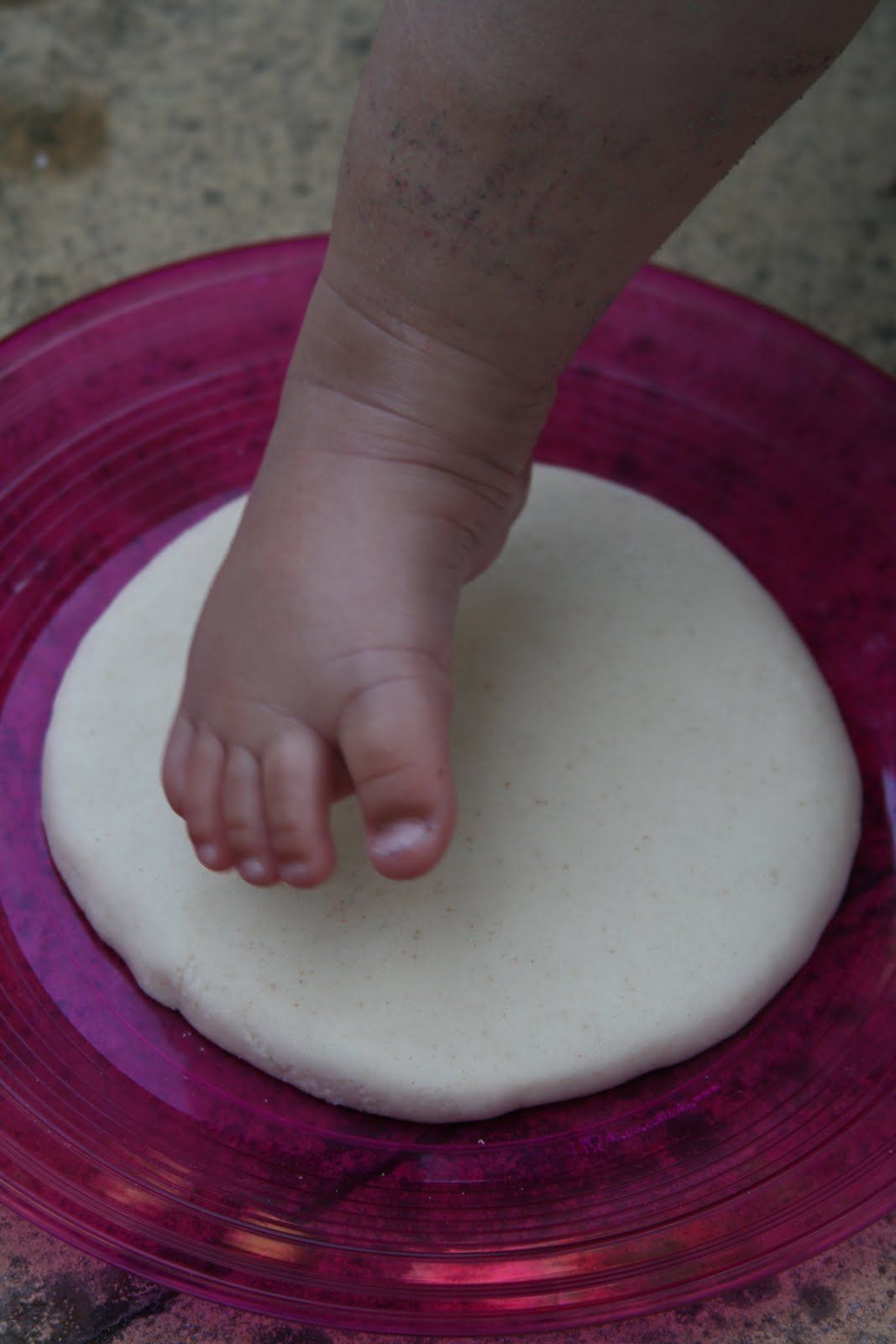 Salt Dough recipe – 1/2 cup salt, 1/2 cup flour, 1/4 cup water. Knead until dough forms. Make impression. Bake at 200 for 3 hours