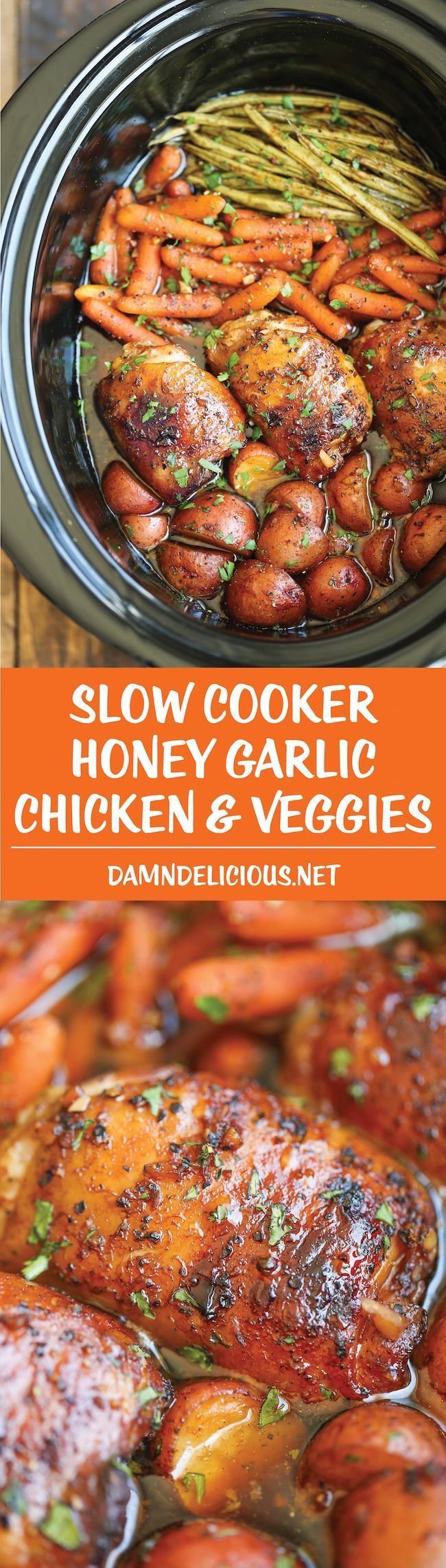 Slow Cooker Honey Garlic Chicken and Veggies – The easiest one pot recipe ever. Simply throw everything in and that’s it! No