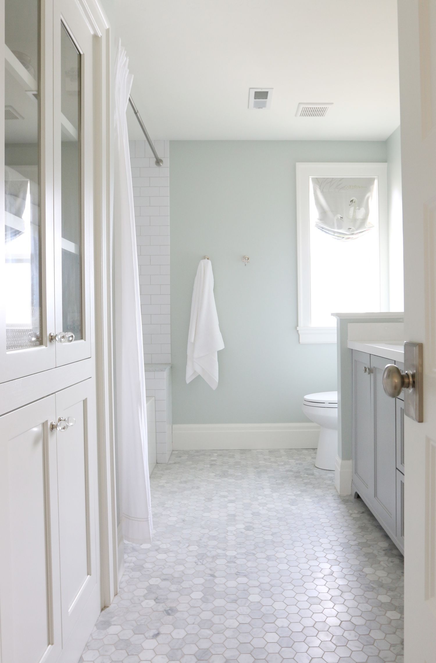 Stunning bathroom revamp project. Wall color is Sherwin Williams “Sea Salt”. Beautiful space. Studio McGee Blog