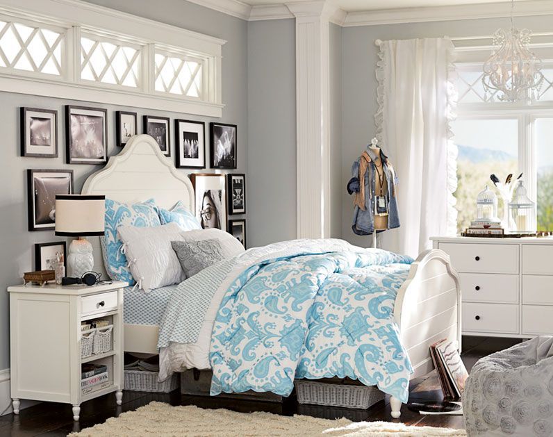 Teenage Girl Bedroom Ideas | Whimsy | PBteen – ditch the funky blue/white duvet, and add a cute quilt or throw at the foot of the