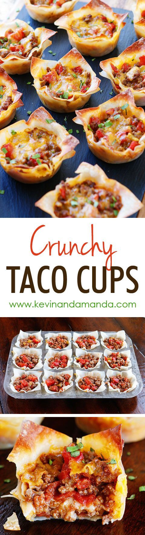 These fun Crunchy Taco Cups are made in a muffin tin with wonton wrappers!  Great for a taco party/bar. Everyone can add their