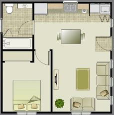 this is just under 500 square feet but the layout is really efficient.  shows what can be done with minimal square footage.  Add a
