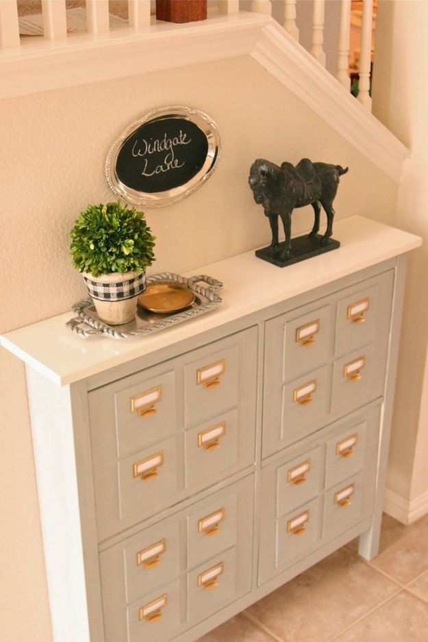 Turn a Hemnes shoe cabinet ($129.99) into a faux library catalog. | 37 Cheap And Easy Ways To Make Your Ikea Stuff Look Expensive