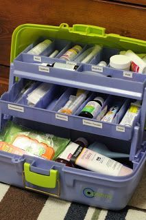 Use a tackle box to store all the necessities for when little ones get sick. Via All Four Love: Restocking the Baby Tackle Box