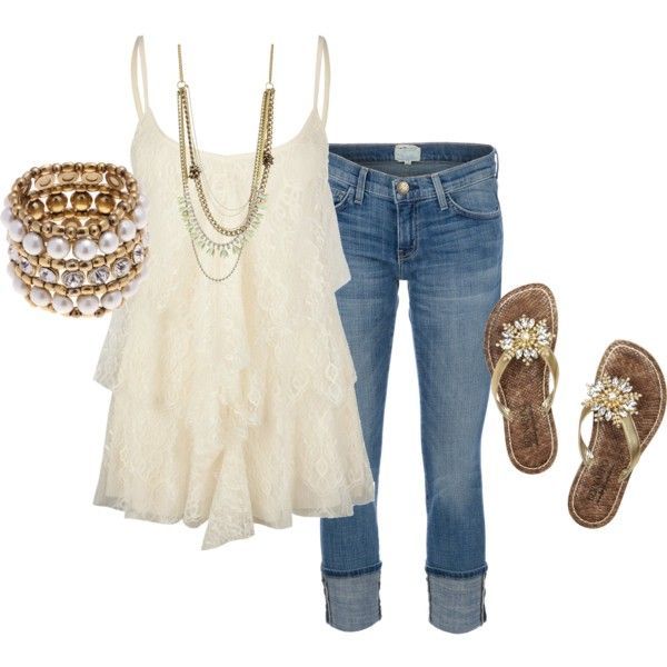 A fashion look from May 2012 featuring lace top, blue jeans and brown flats. Browse and shop related looks.