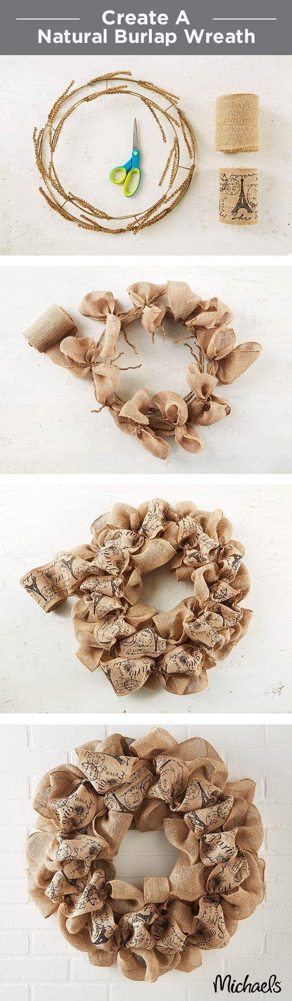 A simple burlap wreath is the perfect door décor. Tie burlap bows onto the wreath form using the attached wire stems. Layer on a
